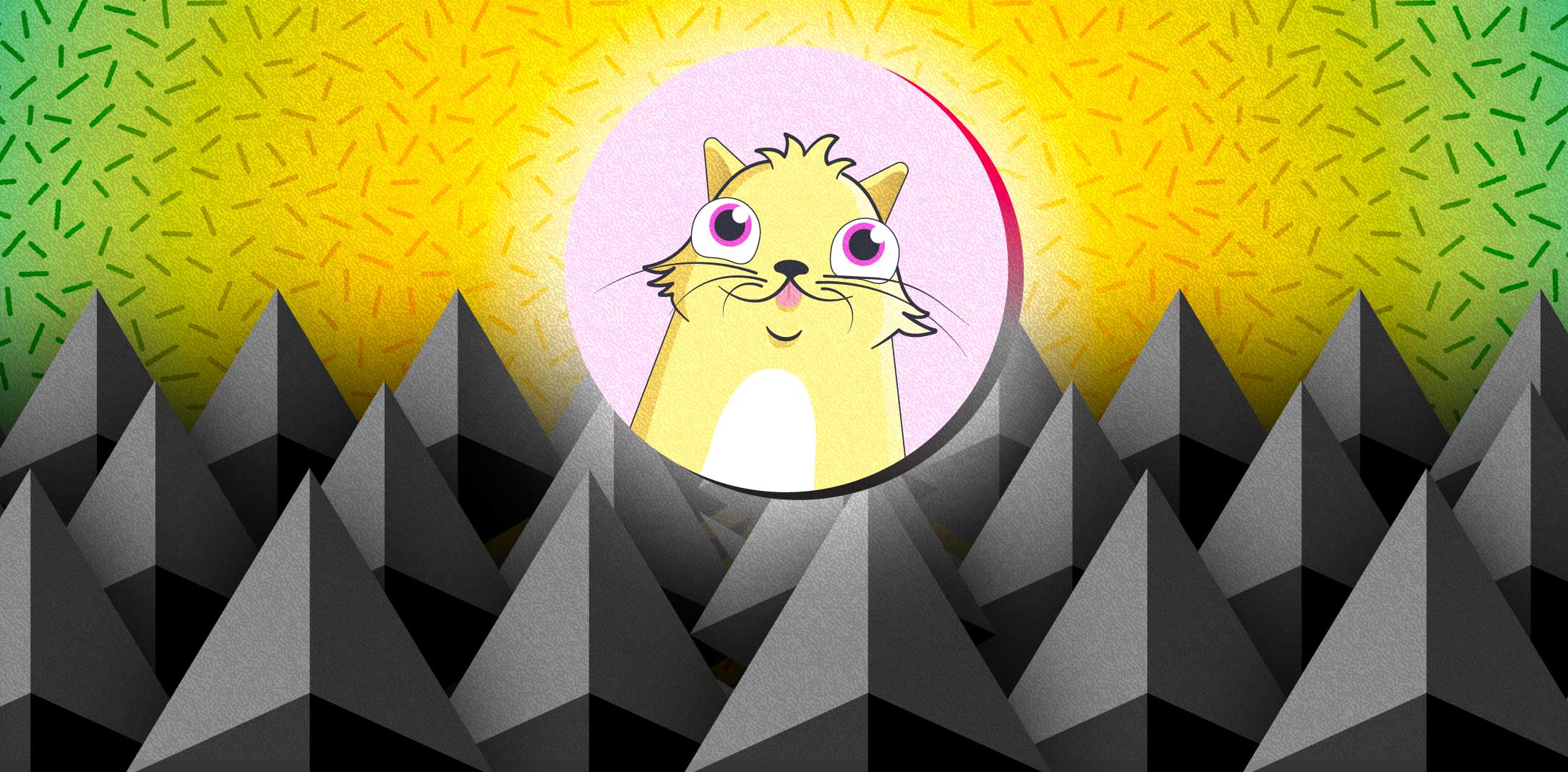 A cryptokitty over a bunch of Ethereum logos